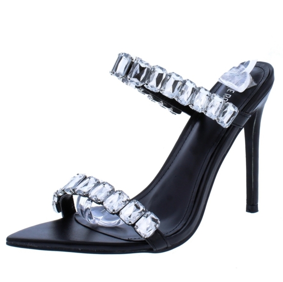 CapeRobbin Double Strap Rhinestone Heel Mule Black - Picture 6 of 9